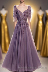 Purple Tulle Lace Long Semi Formal Prom Dresses, A-Line Evening Party Dresses